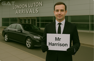 booked airport taxis waiting at London Luton Airport (LTN) arrivals