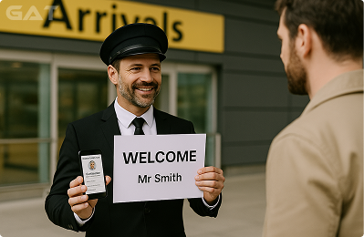 Driver Waiting Outside Heathrow Terminal Meet and Greet Service Holding Sign