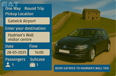 Booking Process Luxury minicab Gatwick to Hadrian’s wall