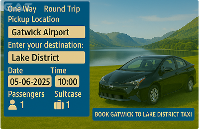 Booking Process Luxury minicab Gatwick to Lake District National Park