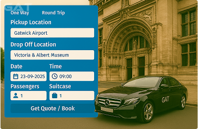 Booking Process Luxury minicab Gatwick to Victoria and Albert Museum
