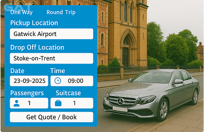 Booking Process Luxury minicab Gatwick to Stoke-On-Trent