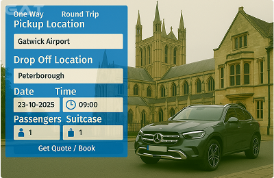 Booking Process Luxury minicab Gatwick to Peterborough