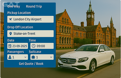 Book Airprt Taxi - Private car London City Airport to Stoke-on-Trent