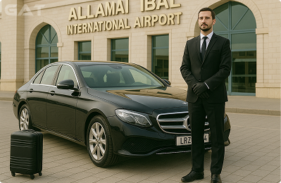 Pre-booked airport taxis waiting at Allama Iqbal Airport 