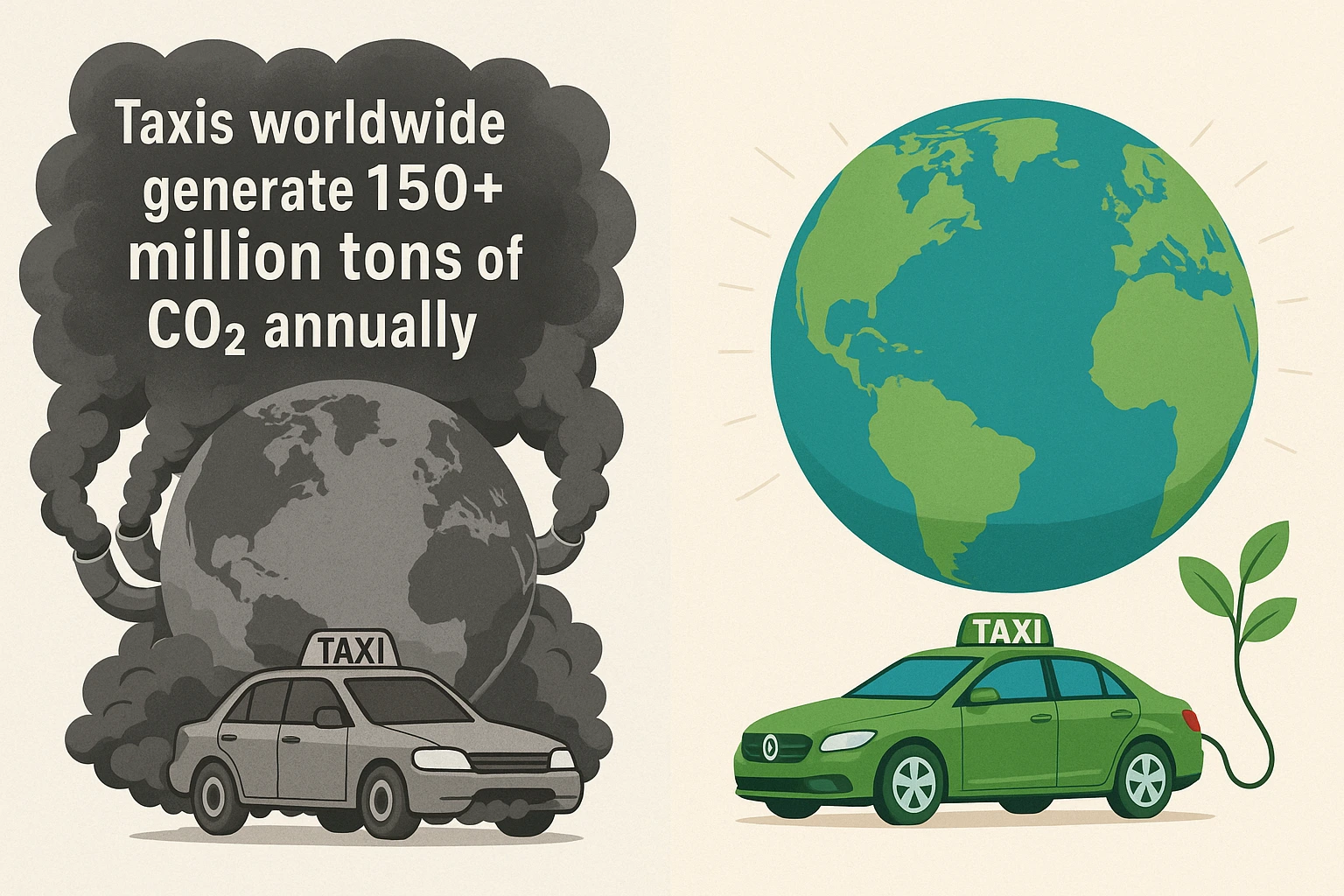 An infographic showing a polluted Earth covered in taxi exhaust compared with a clean, green globe powered by eco-friendly vehicles. Highlights the danger of rising taxi emissions and the role of sustainable airport transfers in reducing them.