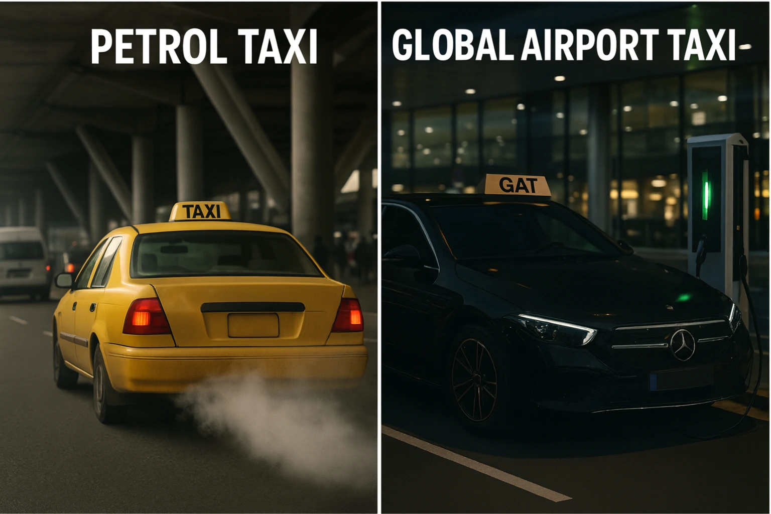 A split-screen visual showing the harmful emissions of a petrol taxi outside an airport contrasted with a clean, green electric taxi charging at a terminal station. Symbolizes the shift from petrol to plug-in with Global Airport Taxi’s eco-friendly fleet.