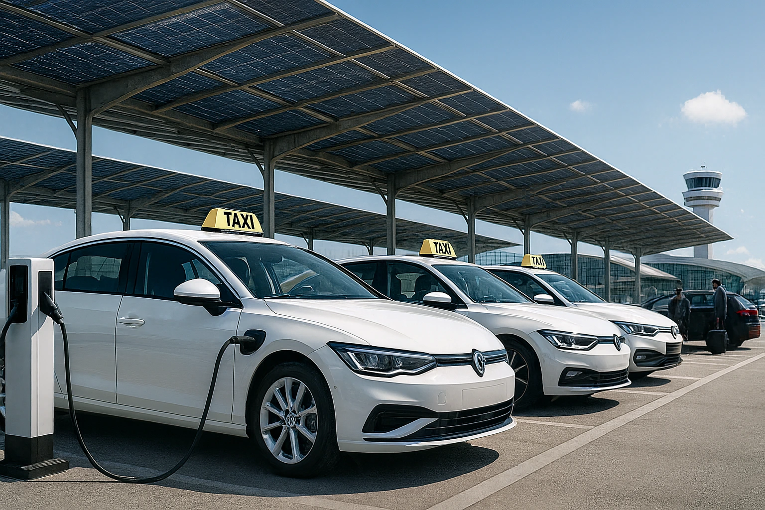 A fleet of modern white electric taxis charges at a dedicated airport hub powered by solar panels. The futuristic scene highlights Global Airport Taxi’s eco-friendly fleet, showcasing sustainable travel solutions with clear skies, a sleek airport terminal, and passengers preparing for carbon-neutral journeys.