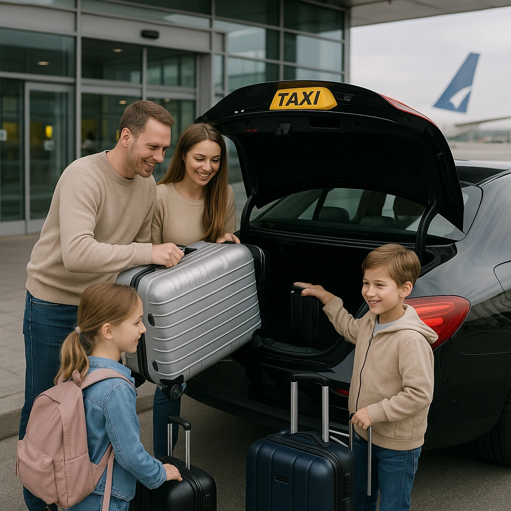 A family with suitcases boarding a comfortable taxi outside the terminal, showcasing reliability for families and hassle-free travel in style.
