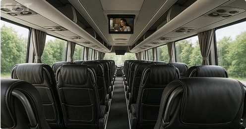 Interior of 30 seater coach with reclining seats, luggage storage, and climate control.