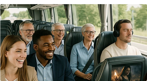 Passengers enjoying benefits of 30 seater coach hire – group travel comfort.