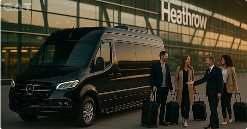 Mercedes 16 seater minibus with chauffeur at international airport for reliable group travel – Global Airport Taxi.