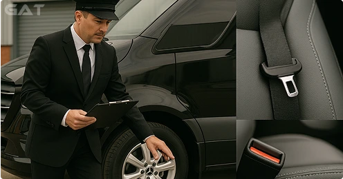 Professional chauffeur safety check on Mercedes 16 seater minibus with focus on maintenance and passenger safety.