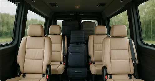 8 seater minibus interior with comfortable seating, USB charging and climate control.
