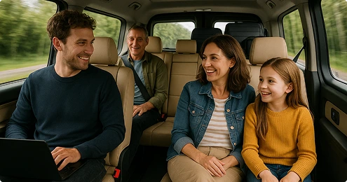 Group enjoying spacious 8 seater minibus on a road trip with luggage safely stored.
