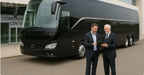 50 seater coach for corporate events with driver — transparent hire prices worldwide.