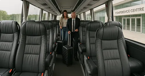 50 seat coach interior with seat belts and ample luggage space — strong value for group travel.
