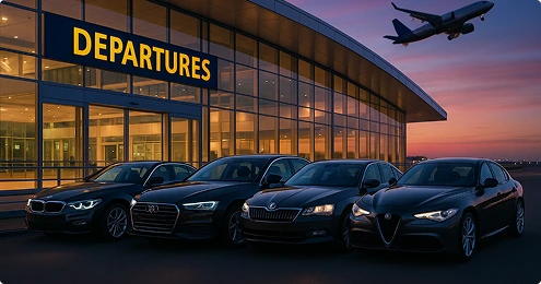 Best saloon cars lineup – BMW, Audi, Skoda, Alfa Romeo outside international airport.