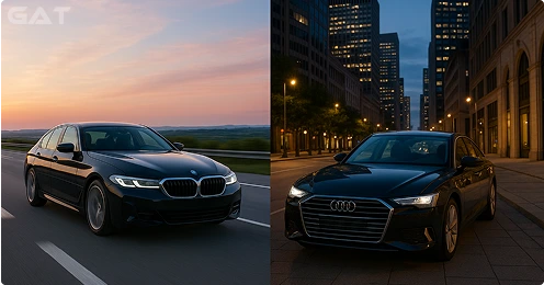 BMW 5 Series and Audi A6 executive saloons in action.
