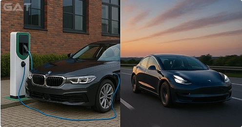 Plug-in hybrid saloon charging at station for business use.