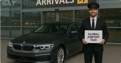 Chauffeur with Global Airport Taxi saloon car at international airport.