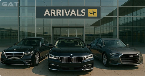 Executive car hire fleet of luxury vehicles at international airport.