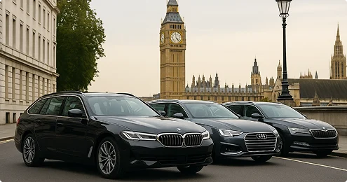 Estate cars for hire – BMW, Audi, Skoda at international airport.