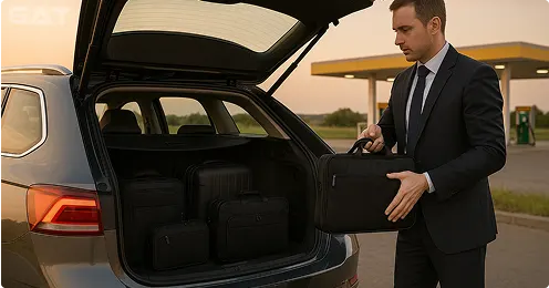 Executive traveler boarding estate rental car for business trip