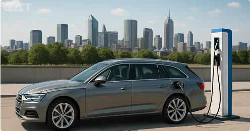 Plug-in hybrid estate car charging for eco-friendly travel.
