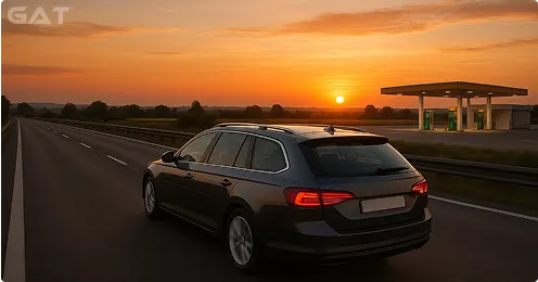 Estate car on family road trip with luggage and bicycles.