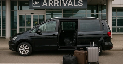 People carrier MPV hire at international airport arrivals.