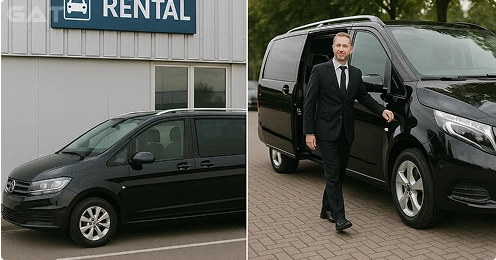 Rental people carrier and chauffeured people carrier side by side.