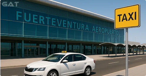 Fuerteventura Airport terminal exterior with official taxi rank and saloon car at pickup area
