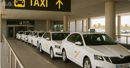 Official taxi rank outside Fuerteventura Airport arrivals exit with taxis waiting