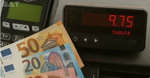 Fuerteventura taxi meter with card terminal and euro cash showing fare payment options at the airport