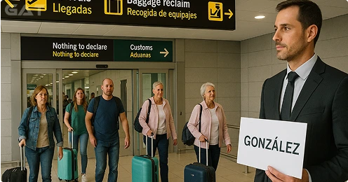 Driver holding a name board inside Fuerteventura Airport arrivals hall for meet and greet pickup