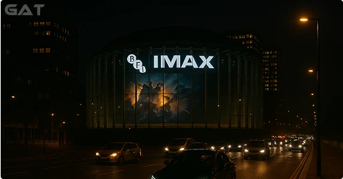 Night view of London skyline with taxis driving near the illuminated BFI IMAX dome