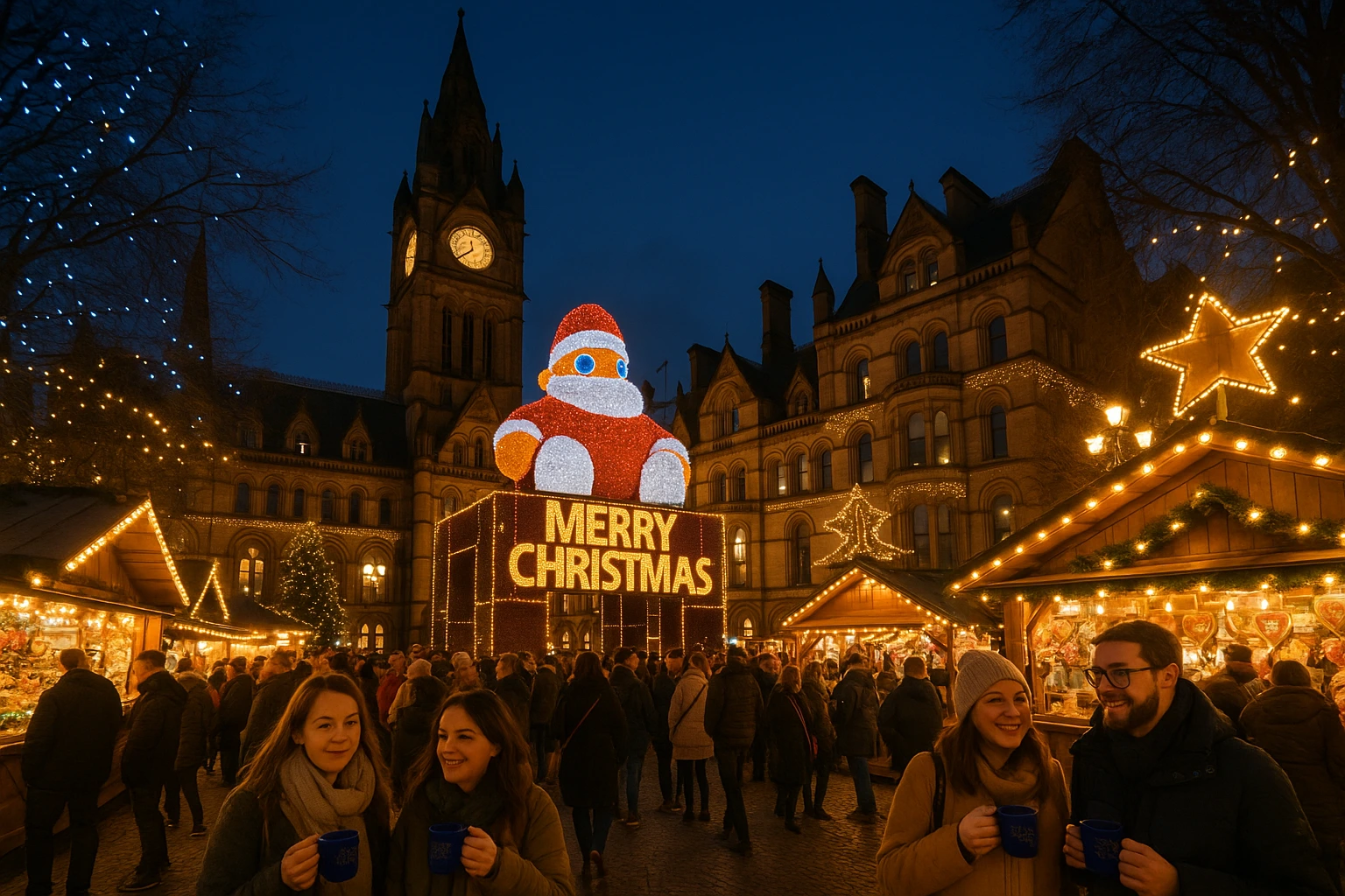 The heart of Manchester’s Christmas celebration, showcasing thousands of visitors enjoying the warm festive glow of the markets. Perfect hero image for highlighting the destination’s global appeal.