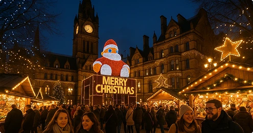 Festive evening at Manchester Christmas Market in Albert Square with glowing stalls and Christmas lights