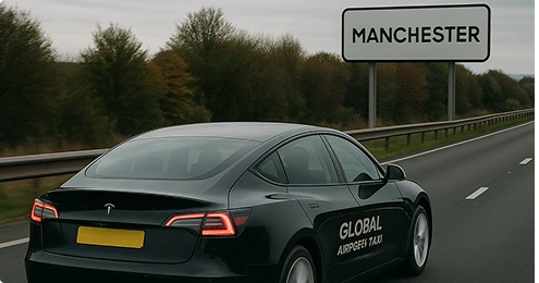 Black Mercedes E-Class on motorway driving toward Manchester with Global Airport Taxi service logo