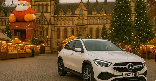 Family arriving at Manchester Christmas Market from London using Global Airport Taxi service