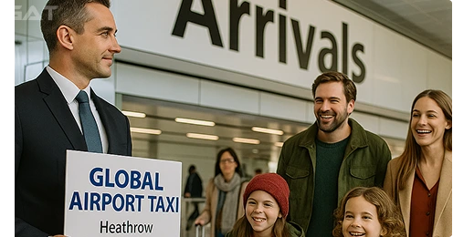 Professional chauffeur holding Global Airport Taxi name board inside Airport Airport arrivals area