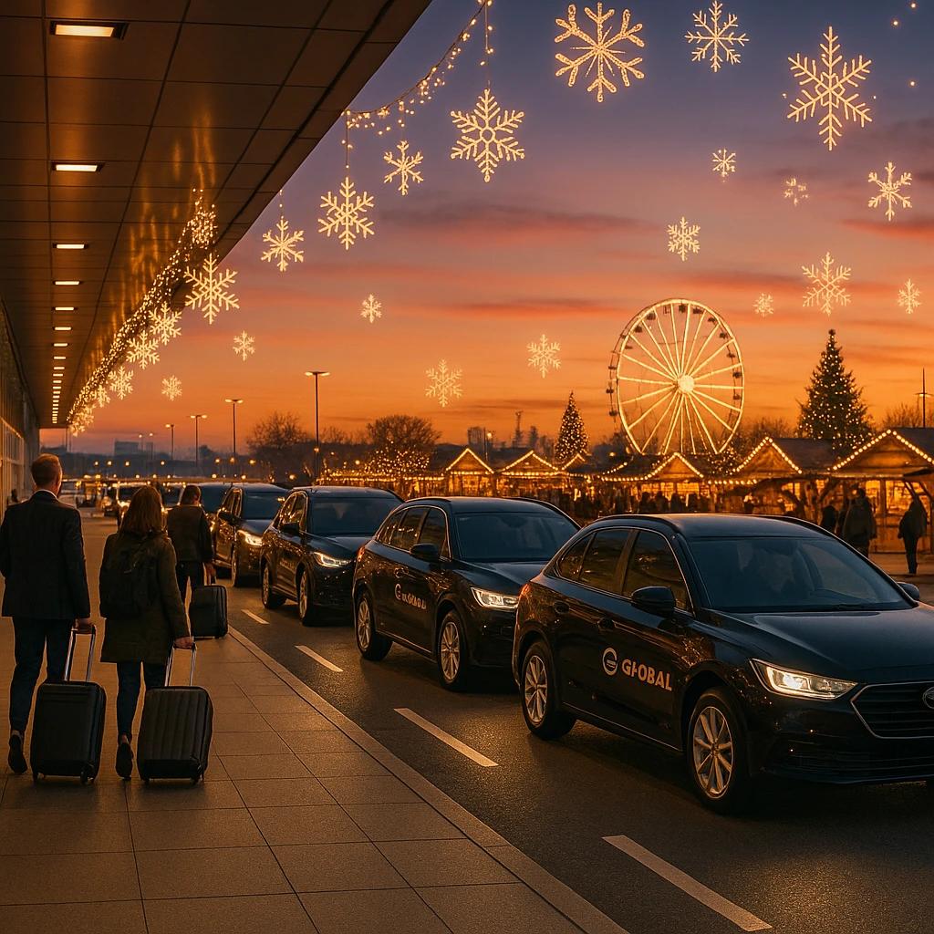 Global Airport Taxi – Festive Airport Transfers for the Holiday Season A magical holiday evening at the airport — sleek black Global Airport Taxi vehicles lined up under golden Christmas lights, ready to take travelers to their festive destinations. The warm glow of the sunset and decorative snowflakes create a welcoming atmosphere as passengers with luggage walk toward their taxis. In the distance, a glowing ferris wheel and Christmas market add to the joyful spirit of the season. Perfectly capturing the comfort, reliability, and festive warmth of Global Airport Taxi’s holiday transfer service.