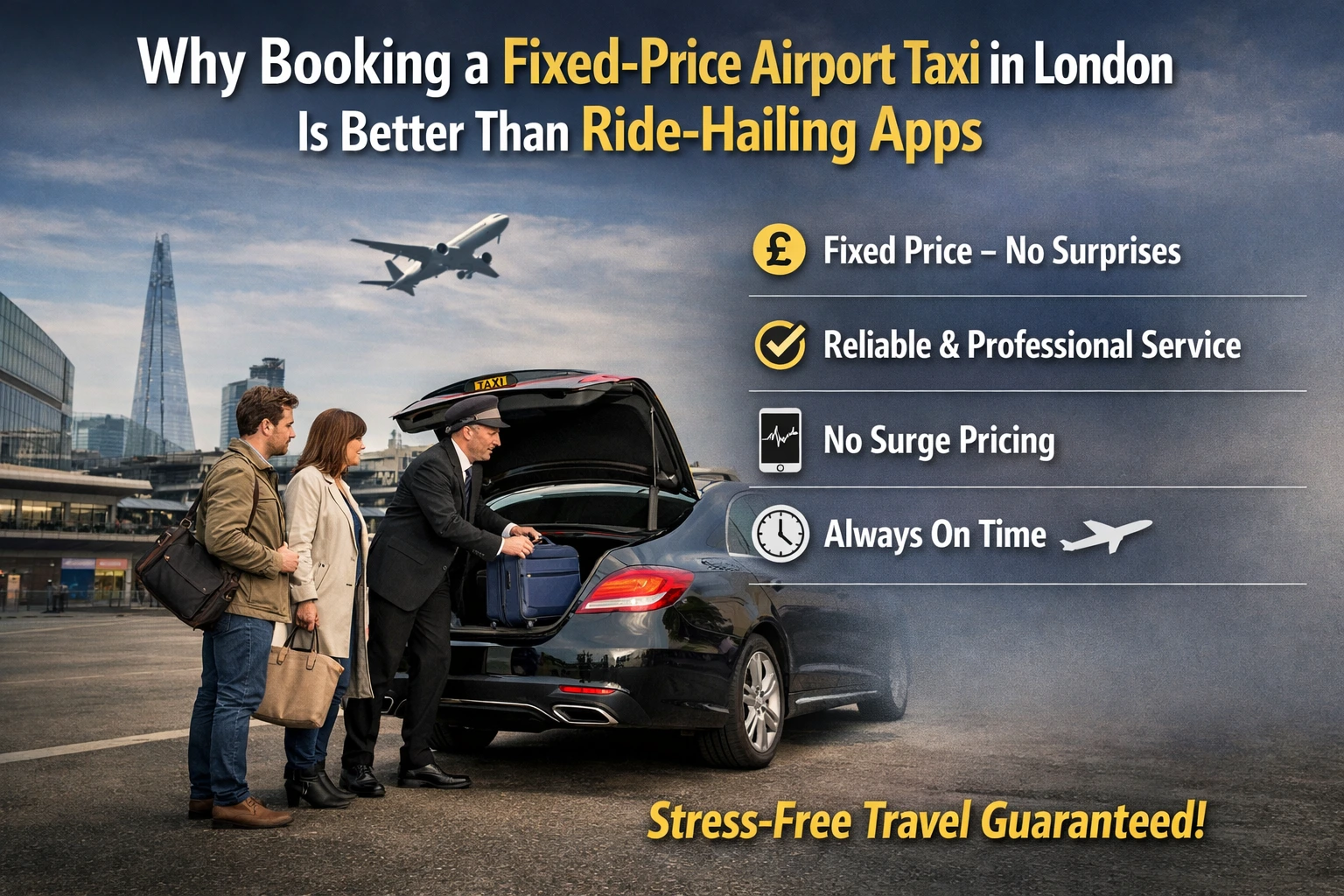 “London airport taxi transfer with luggage loading, illustrating fixed pricing and professional service.