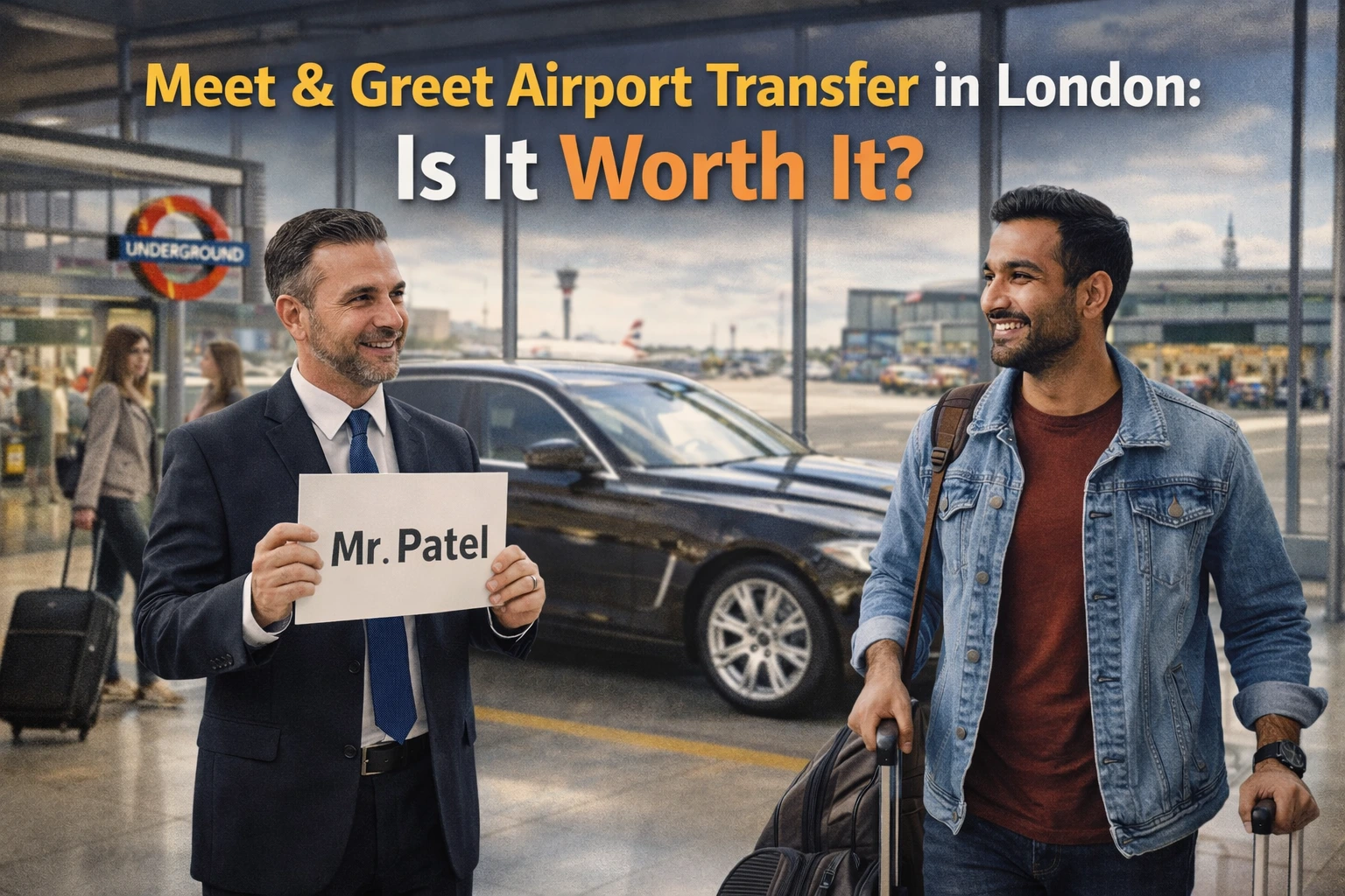 Professional meet and greet airport taxi service in London as chauffeur welcomes arriving passenger at terminal.