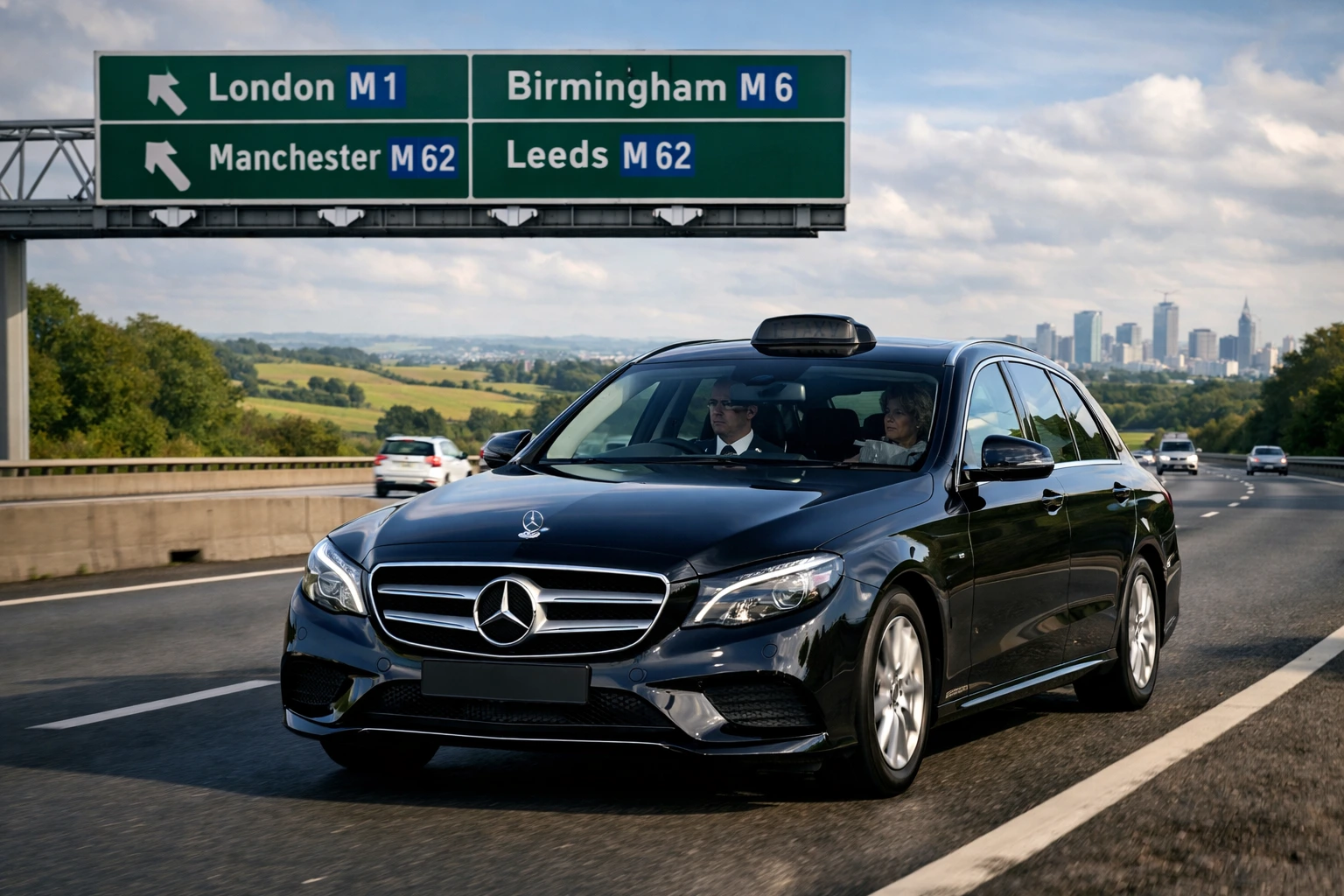 Global Airport Taxi branded vehicle parked near a UK road, illustrating long-distance taxi services across the UK.