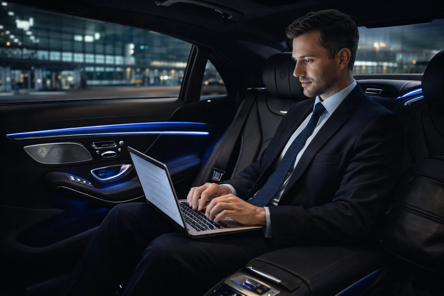 business traveler with laptop in Car