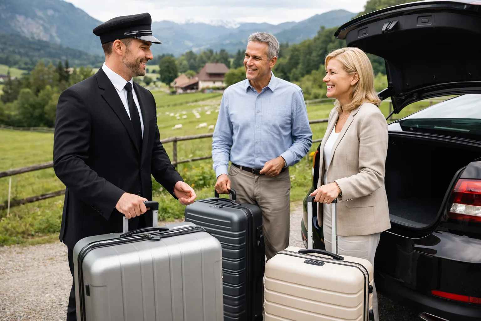 Professional driver helping passengers in luggage