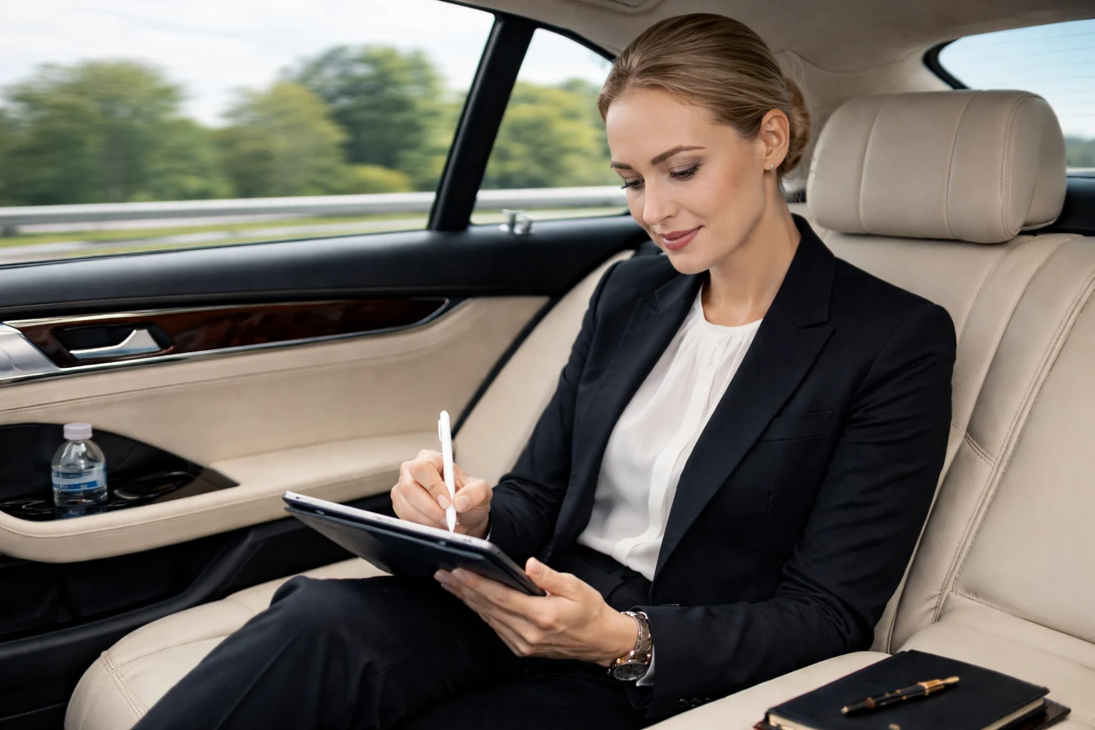Relaxed business traveler taking notes in the car