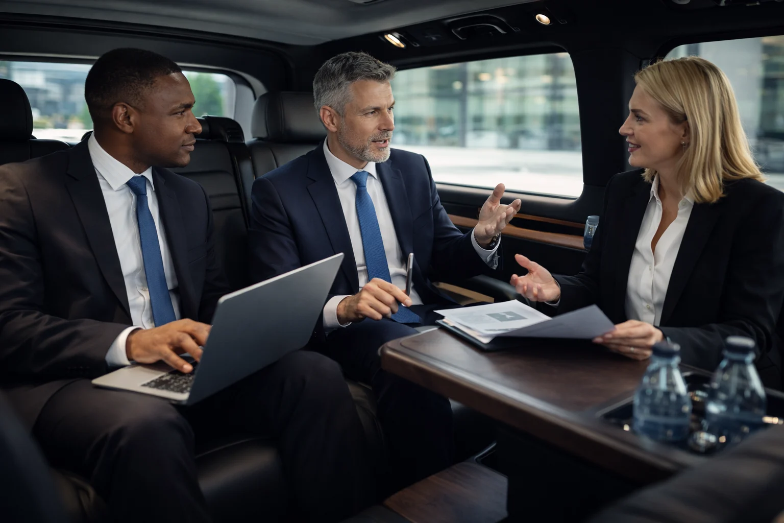 Business travelers in a team meeting in the car